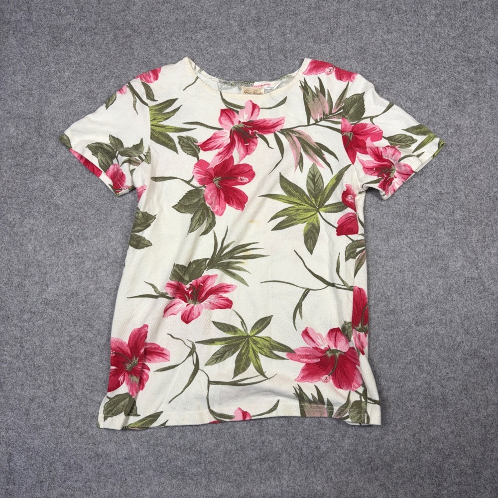 Bobbie Brooks Womens Tropical Floral Hibiscus Short Sleeve Pique Top White Pink